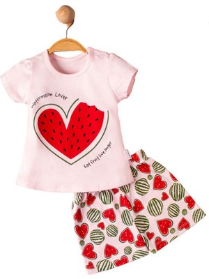 Kız Bebek Pembe Kırmızı Kalpli Karpuz Baskılı Şortlu 2'li Takım