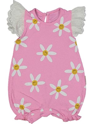 Bebegen Kız Bebek Ekru Pembe Papatya Desenli Kolları Fistolu Tulum