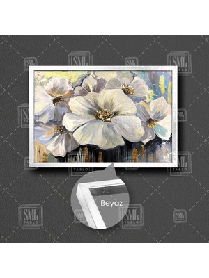 Sml Tablo Altın Yaldızlı Beyaz Büyük Çiçekler Çerçeveli Yatay Kanvas Tablo