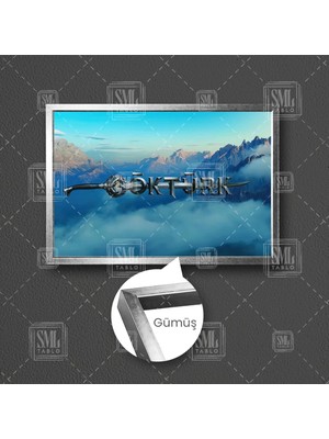 Sml Tablo Işlemeli Göktürk Yazısı Dağ Manzarası Göktürk Türkleri Çerçeveli Yatay Kanvas Tablo