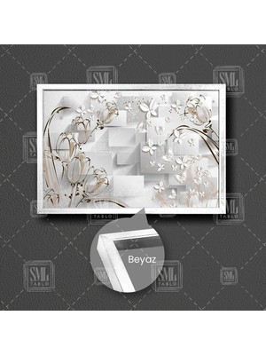 Sml Tablo Porselen Beyaz Çiçekler Uçan Kelebekler Yatay Kanvas