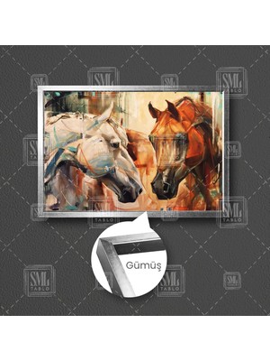 Sml Tablo Beyaz Ve Kahverengi Asil At Fırça Izleri Doğa Hayvan Çerçeveli Yatay Kanvas Tablo