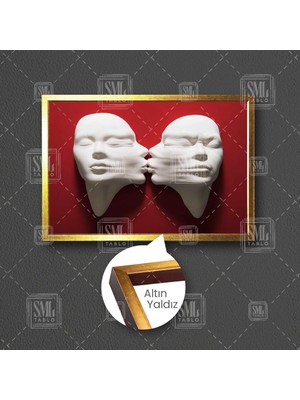 Sml Tablo Kırmızı Duvardan Çıkan Alçı Görünümlü Heykel Öpüşen Romantik Çift Çerçeveli Yatay Kanvas Tablo