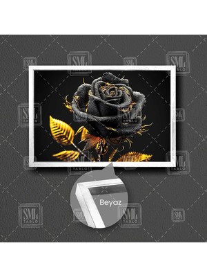 Sml Tablo Gold Yapraklı Gül Dekoratif Çiçek Çerçeveli Yatay Kanvas Tablo