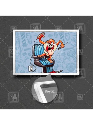 Sml Tablo Tazmanya Canavarı Berber Traş Makinası Erkek Kuaförü Çerçeveli Yatay Kanvas Tablo