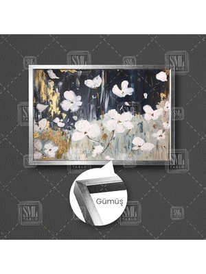 Sml Tablo Beyaz Çiçek Gold Dekor Altın Fırça Izleri Çerçeveli Yatay Kanvas Tablo