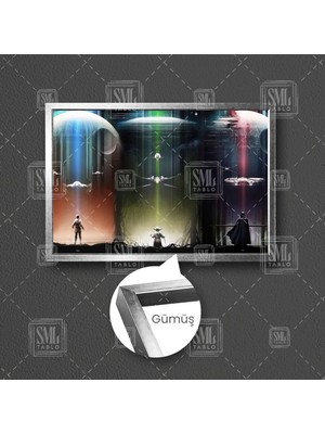 Sml Tablo Star Wars Üçlemesi Savaş Gemileri Gezegenler Yoda Han Solo Darth Wader Çerçeveli Yatay Kanvas Tablo