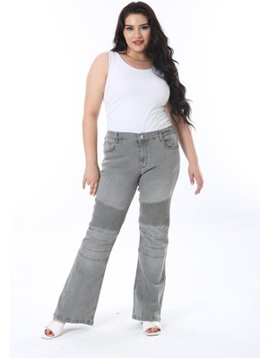 Şans Kadın Büyük Beden Gri Kup Detaylı Likralı Kot Pantolon 65N38264