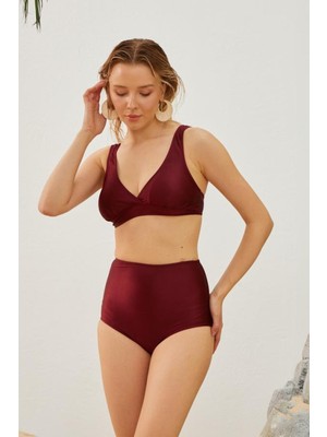 Bordo Toparlayıcı Yüksek Bel Bikini Altı Astarlı Uv Korumalı