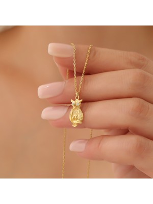 Nox Jewelry 14 Ayar Altın Mikron Kaplama Taş Gözlü Baykuş Gümüş Kolye - Taşlı Minimal Hayvan Figürlü Kadın Kolye