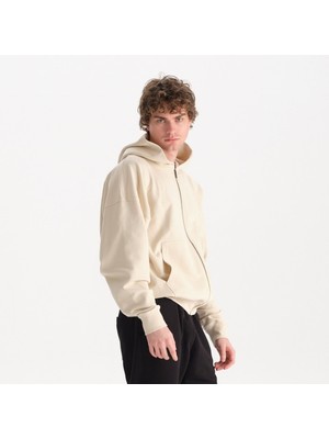Uniu Erkek Bej %100 Organik Pamuk Kanguru Cepli Fermuarlı Kapüşonlu Oversize Sweatshirt