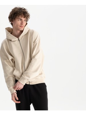 Uniu Erkek Bej %100 Organik Pamuk Kanguru Cepli Fermuarlı Kapüşonlu Oversize Sweatshirt