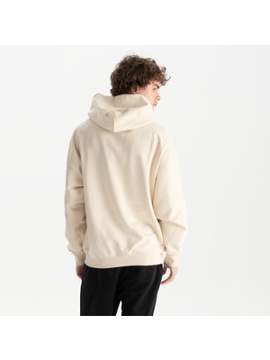 Uniu Erkek Bej %100 Organik Pamuk Kanguru Cepli Fermuarlı Kapüşonlu Oversize Sweatshirt