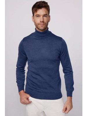 Tam Boğazlı Balıkçı Yaka Dokuma Triko - Indigo