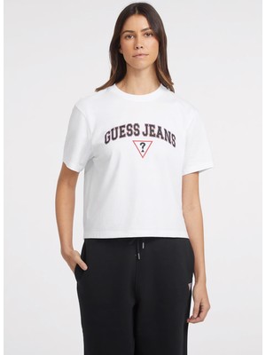 Guess Bisiklet Yaka Desenli Beyaz Kadın T-Shirt Gj Ss Cn Boxy Guess - Organıc Cotto