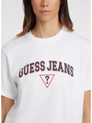 Guess Bisiklet Yaka Desenli Beyaz Kadın T-Shirt Gj Ss Cn Boxy Guess - Organıc Cotto