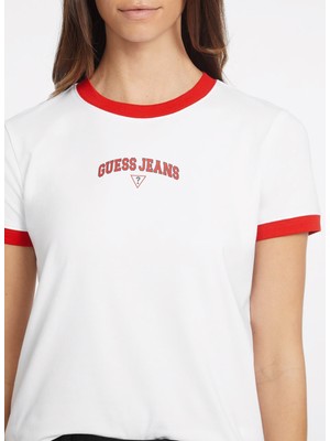 Guess Bisiklet Yaka Desenli Beyaz Kadın T-Shirt Gj Ss Cn Reg Guess J - Mıd Organıc