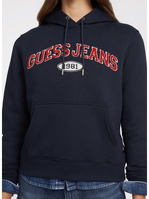 Guess Kapüşon Yaka Desenli Lacivert Kadın Sweatshırt Gj Hood Reg Guess J - Organıc Co/pl