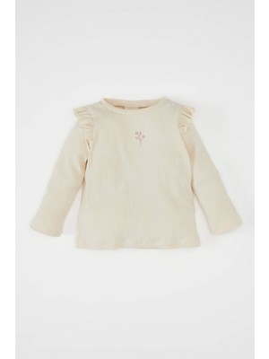 DeFacto Kız Bebek Bisiklet Yaka Çiçekli Fitilli Fırfırlı Kaşkorse Uzun Kollu Tişört D0745A524AU