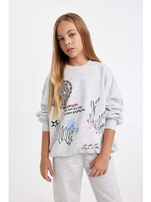 DeFacto Kız Çocuk Gri Oversize Geniş Kalıp Bisiklet Yaka Sırt Baskılı Sweatshirt D0613A824AU