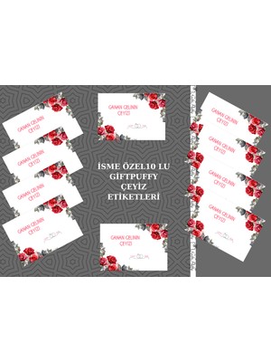 Giftpuffy Isme Özel 10'Lu Çeyiz Kutusu Sticker Seti - Kırmızı Gül Desenli