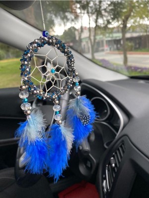 Araç Balkon Aksesuar El Yapımı Düş Kapanı Dreamcatcher Mavi ve Benekli Tüylü Araba Dikiz Aynası Süsü