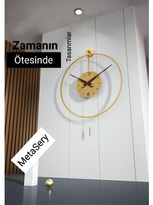 MetaQuartz Aksesuar Metal Orta Boy - Timelles Premium Gold Solo , Modern Dekoratif Sarkaçlı Metal Duvar Saati 50 x 75 A