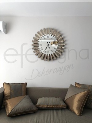 Efe Ayna 90 x 175 Piyano-Bronz Ayna Duvar SAATİ-65CM Yuvarlak Metalik Modern