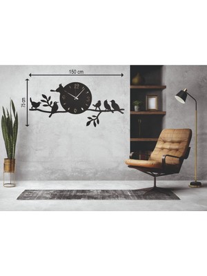 Leylaser Siyah 75X150CM Büyük Boy Ahşap Mdf Dekoratif Duvar Saati Dalda Kuşlar Model 13