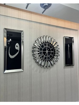 Qual Gümüş Gümüş Aynalı 3’lü 65 cm Saat ve 30*70 cm Tablo Seti 30 x 70 Yuvarlak Ahşap Modern