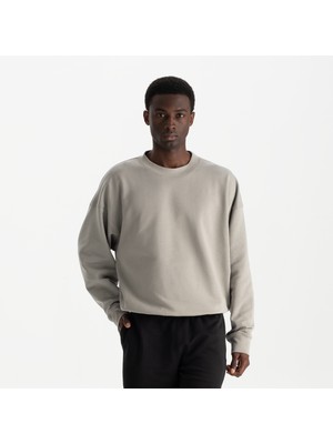 Uniu Erkek Gri %100 Organik Pamuk Bisiklet Yaka Oversize Sweatshirt