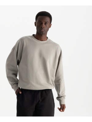 Uniu Erkek Gri %100 Organik Pamuk Bisiklet Yaka Oversize Sweatshirt