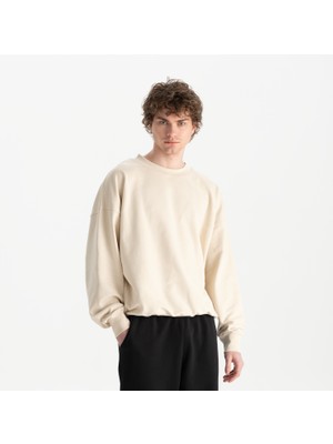 Uniu Erkek Bej %100 Organik Pamuk Bisiklet Yaka Oversize Sweatshirt