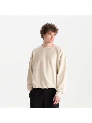 Uniu Erkek Bej %100 Organik Pamuk Bisiklet Yaka Oversize Sweatshirt
