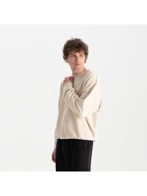 Uniu Erkek Bej %100 Organik Pamuk Bisiklet Yaka Oversize Sweatshirt