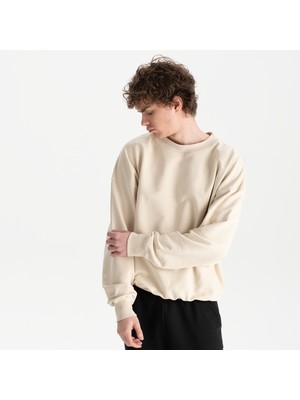 Uniu Erkek Bej %100 Organik Pamuk Bisiklet Yaka Oversize Sweatshirt
