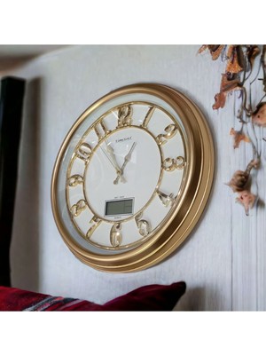 Bahat 47 x 47 Termometreli Isı Ölçer Dijital Gold Salon Ofis Duvar Saati 47 cm Altın