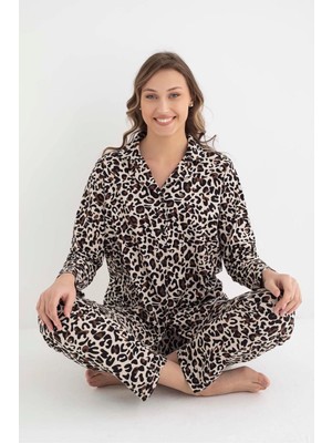 Senfoni Kadın Gömlek Yaka Uzun Kol Leopar Desenli Pamuklu Pijama Takımı 6007 -1 Adet