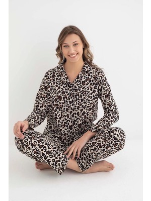 Senfoni Kadın Gömlek Yaka Uzun Kol Leopar Desenli Pamuklu Pijama Takımı 6007 -1 Adet