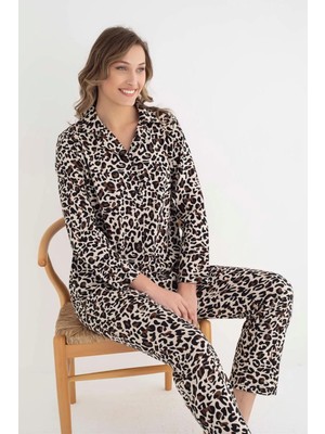 Senfoni Kadın Gömlek Yaka Uzun Kol Leopar Desenli Pamuklu Pijama Takımı 6007 -1 Adet