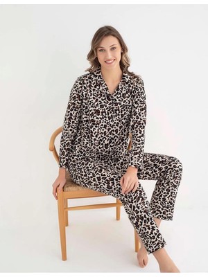 Senfoni Kadın Gömlek Yaka Uzun Kol Leopar Desenli Pamuklu Pijama Takımı 6007 -1 Adet