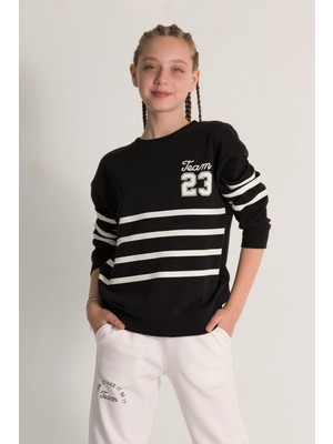 Dmb Kids Team Yazılı Çizgili Kız Sweat Siyah