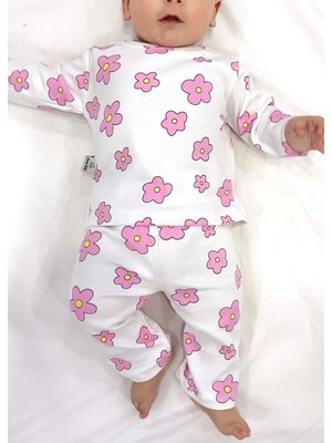 Drop Kids Bebek Pijama Uzun Pembe Çiçek Desen %100 Pamuk Yenidoğan Çocuk Pijama