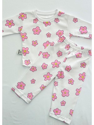 Drop Kids Bebek Pijama Uzun Pembe Çiçek Desen %100 Pamuk Yenidoğan Çocuk Pijama