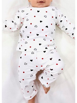 Drop Kids Bebek Pijama Uzun  Kalp Puan Desen %100 Pamuk Yenidoğan Çocuk Pijama