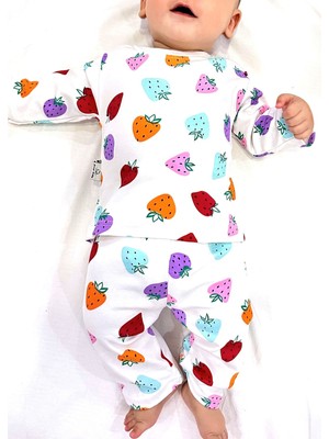 Drop Kids Bebek Pijama Takımı Renkli Çilek Desen %100 Pamuk Yenidoğan Çocuk Pijama