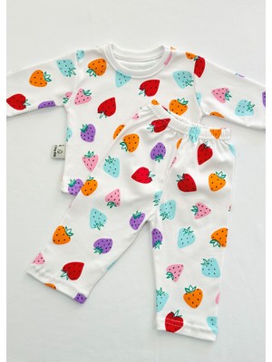 Drop Kids Bebek Pijama Takımı Renkli Çilek Desen %100 Pamuk Yenidoğan Çocuk Pijama