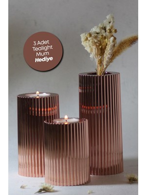 Prime Home 3 3 Lü Bakır Krom Tırtıklı Yüzey Mumluk Dekoratif  Tealight Set Mum Abs Plastik Metalik Plastik