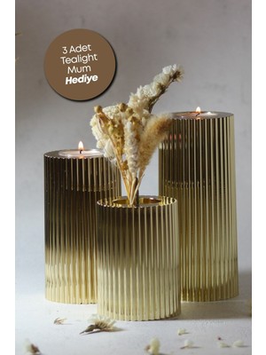 Prime Home 3 3 Lü Gold Krom Tırtıklı Yüzey Mumluk Dekoratif  Tealight Set Mum Abs Plastik Altın Altın Plastik