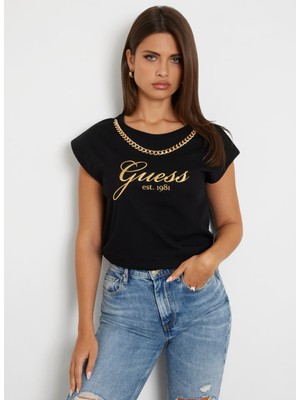 Guess Bisiklet Yaka Desenli Siyah Kadın T-Shirt Ss Cn Crystal Logo T - Mıd Organıc